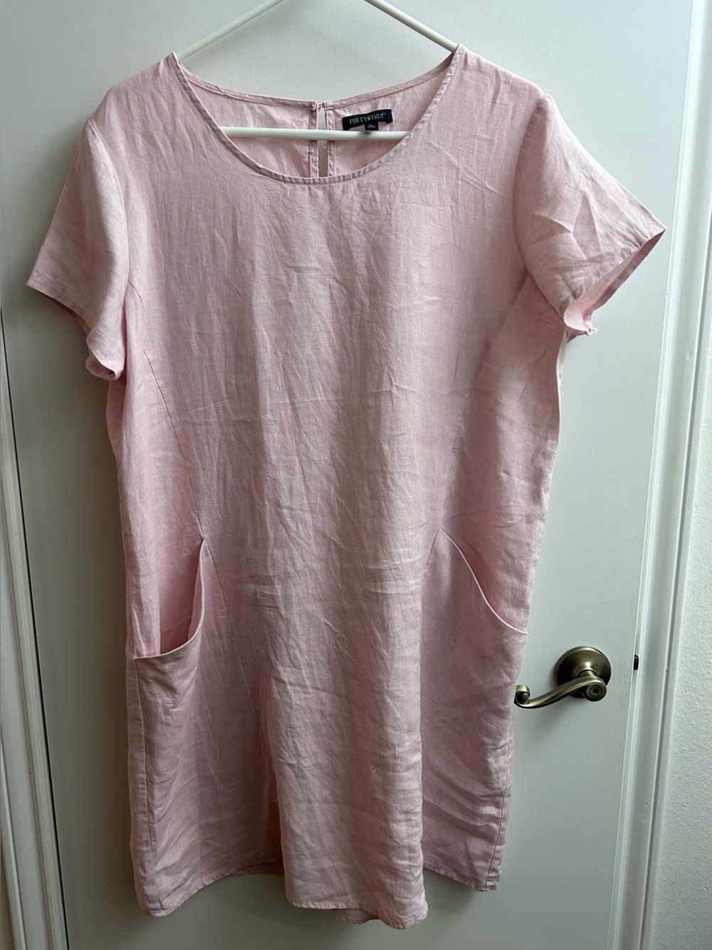 For Cynthia Pink 100% Linen Shift Dress Pockets Short Sleeve Round Neck XL
